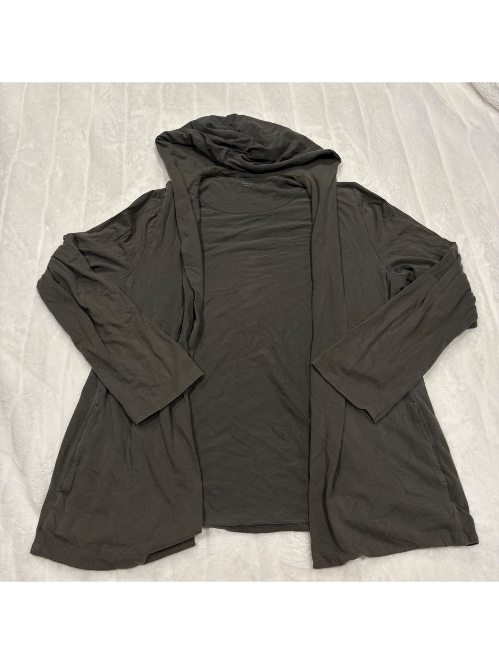 Eileen Fisher Organic Cotton Lycra Gray Hooded Cardigan Women Large Soft